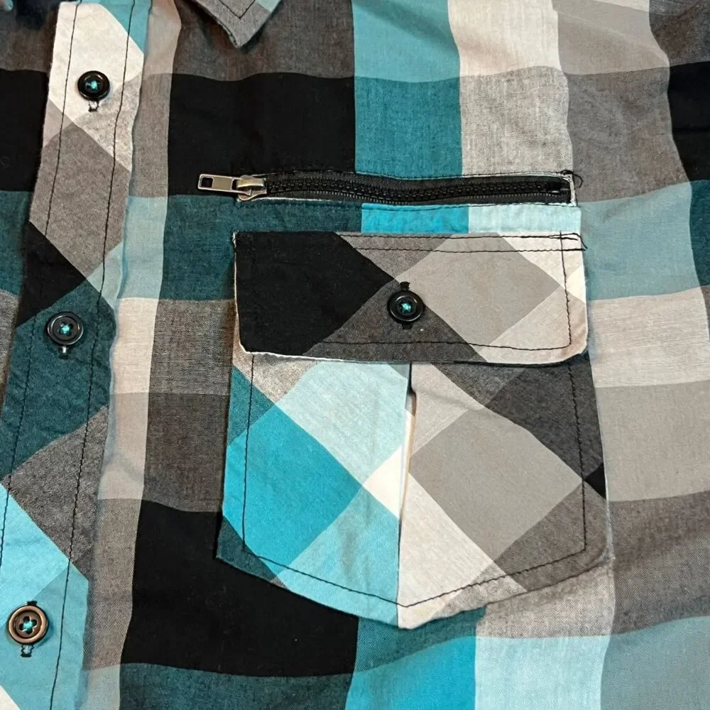 Eighty Eight Mens XXL Turquoise Western Preppy Collared  Chunky Plaid Button Up - Picture 5 of 9